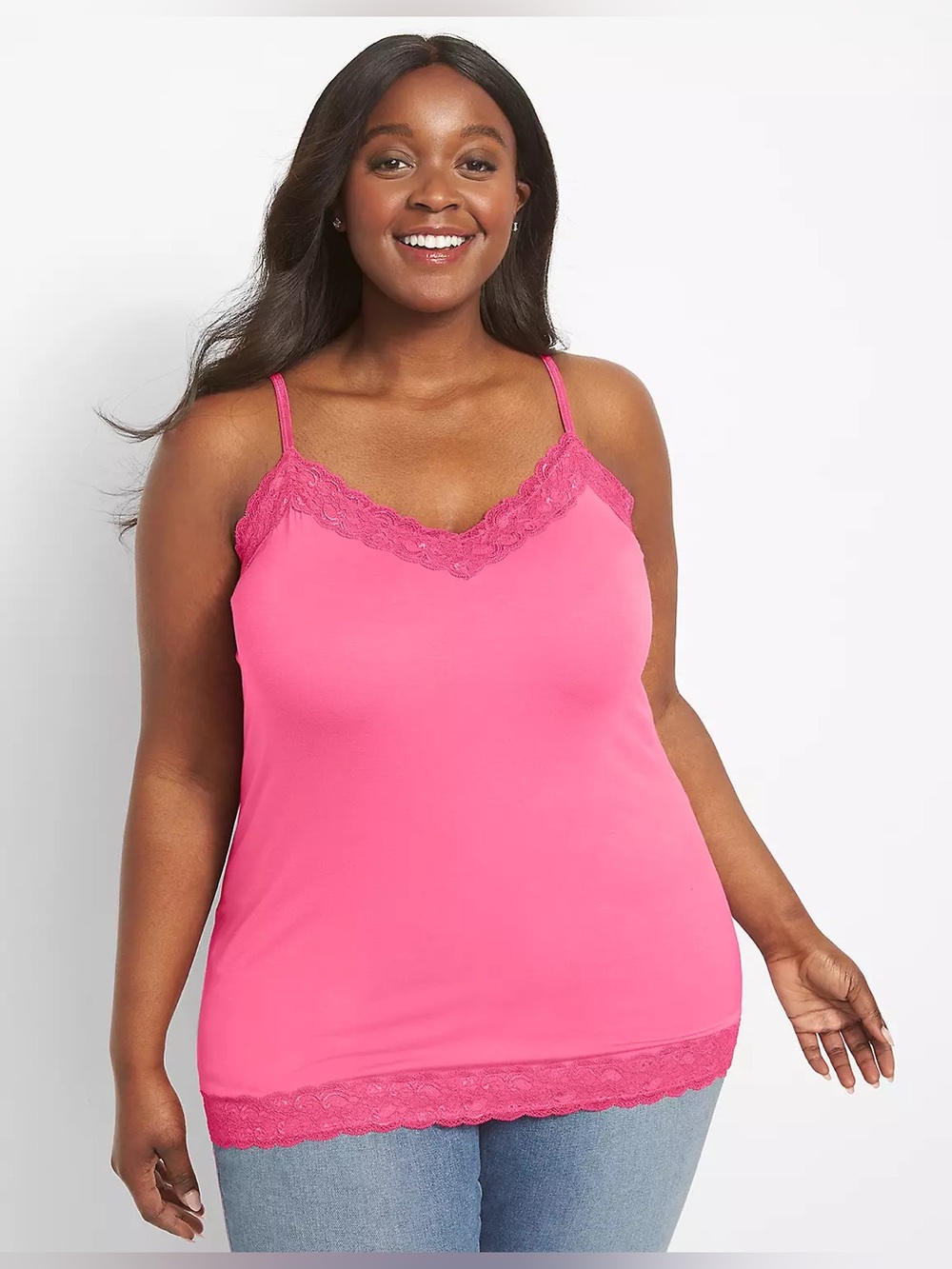 Lane Bryant Cami Womens 22/24 Pink Lace Trim V Neck Sleeveless Tank Top
